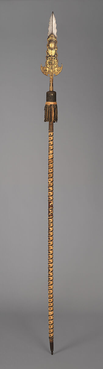 Three Partisans Carried by the Bodyguard of Louis XIV (1638–1715, reigned from 1643), 14.25.454 designed by Jean Berain (French, Saint-Mihiel 1640–1711 Paris), Steel, gold, wood, textile, brass, French, Paris