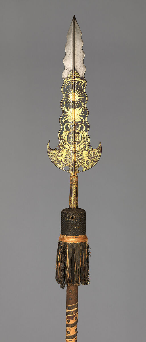Three Partisans Carried by the Bodyguard of Louis XIV (1638–1715, reigned from 1643), 14.25.454 designed by Jean Berain (French, Saint-Mihiel 1640–1711 Paris), Steel, gold, wood, textile, brass, French, Paris