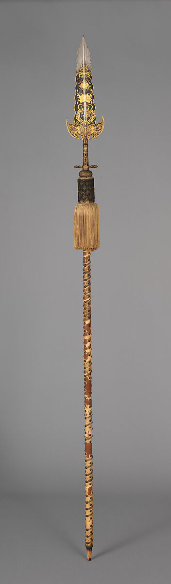 Three Partisans Carried by the Bodyguard of Louis XIV (1638–1715, reigned from 1643), 14.25.454 designed by Jean Berain (French, Saint-Mihiel 1640–1711 Paris), Steel, gold, wood, textile, brass, French, Paris