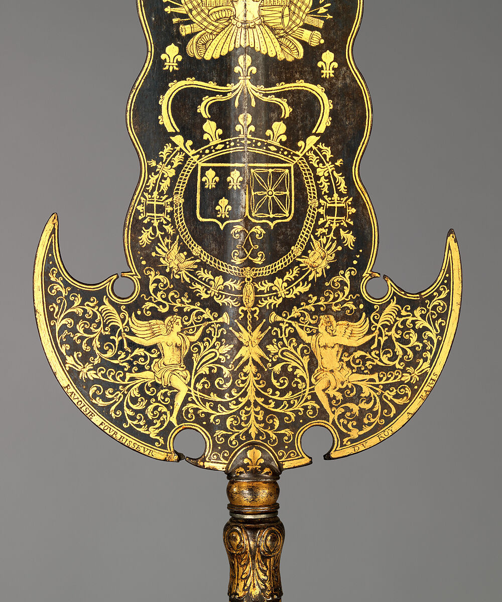 Three Partisans Carried by the Bodyguard of Louis XIV (1638–1715, reigned from 1643), 14.25.454 designed by Jean Berain (French, Saint-Mihiel 1640–1711 Paris), Steel, gold, wood, textile, brass, French, Paris