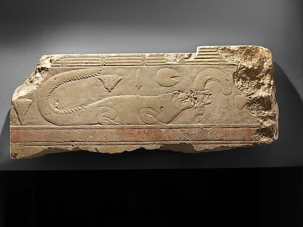 Relief with Crocodile and Fish, Limestone, paint 