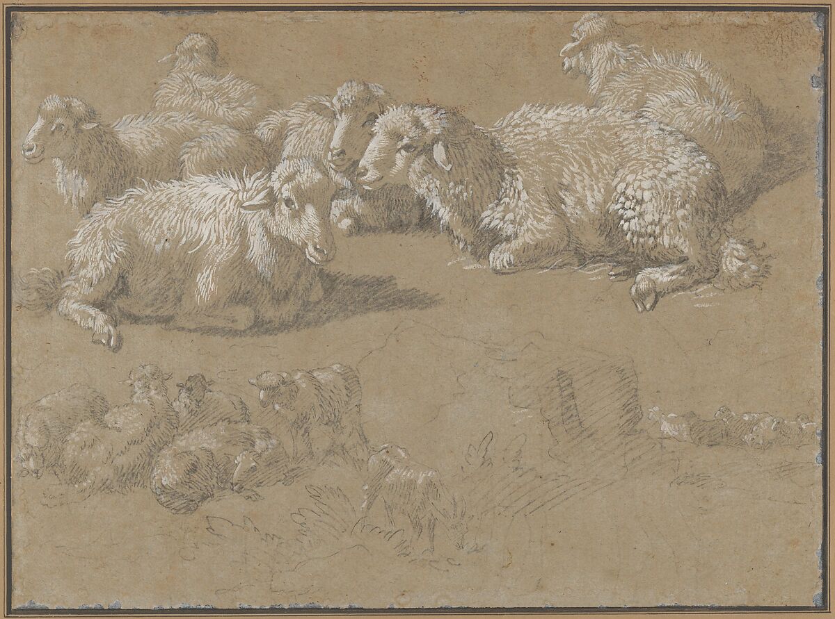 Reclining Sheep in a Landscape, Francesco Londonio (Italian, Milan 1723–1783 Milan), Black chalk, brush and leadwhite gouache, on brownish blue-green paper 