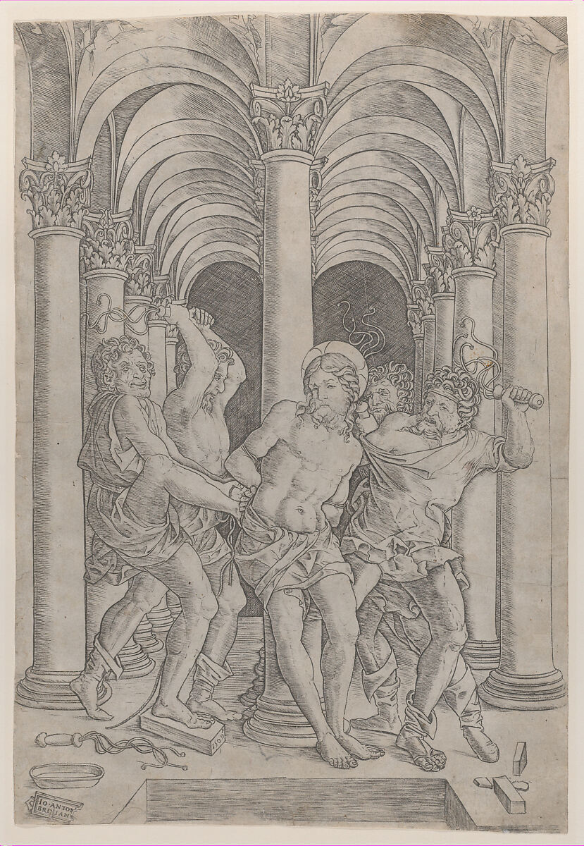 The Flagellation of Christ who is tied to a column at center set within an arcade, Giovanni Antonio da Brescia (Italian, active ca. 1490–ca. 1525), Engraving 