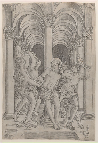 The Flagellation of Christ who is tied to a column at center set within an arcade