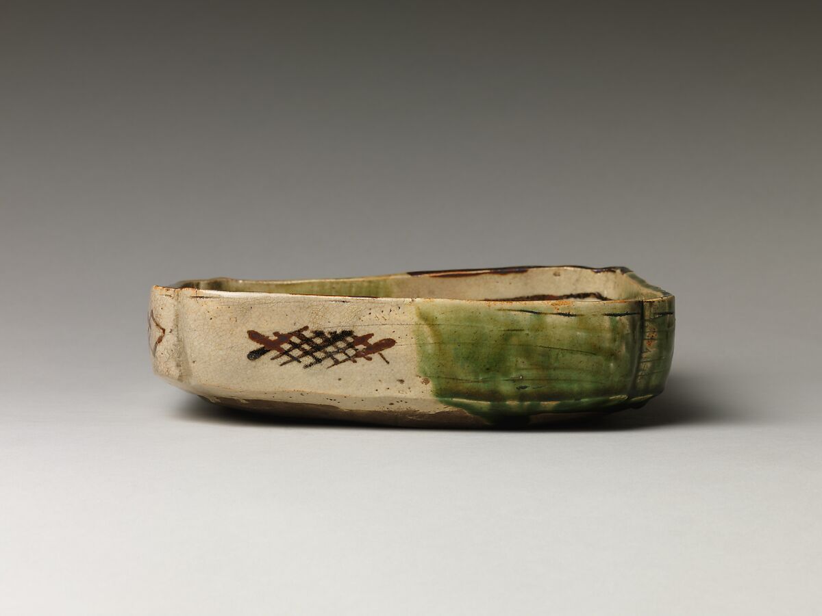 Square Dish with Abstract Motifs, Shuntai (Japanese, 1799–1878), Glazed stoneware (Seto ware, Oribe Revival type), Japan