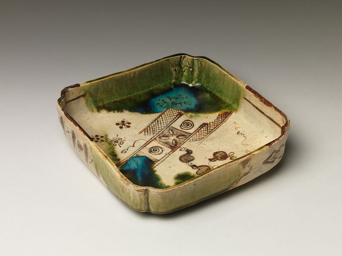 Square Dish with Abstract Motifs, Shuntai  Japanese, Glazed stoneware (Seto ware, Oribe Revival type), Japan