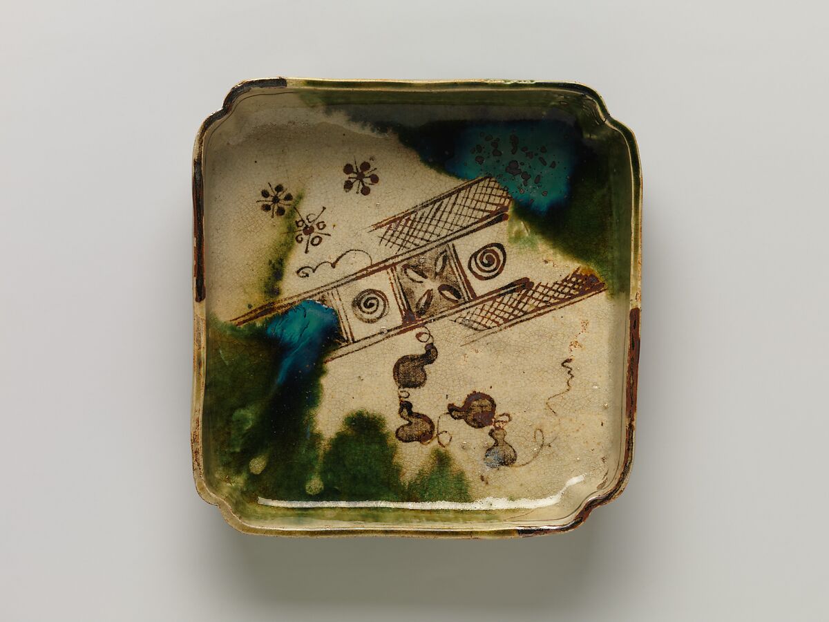 Square Dish with Abstract Motifs, Shuntai (Japanese, 1799–1878), Glazed stoneware (Seto ware, Oribe Revival type), Japan