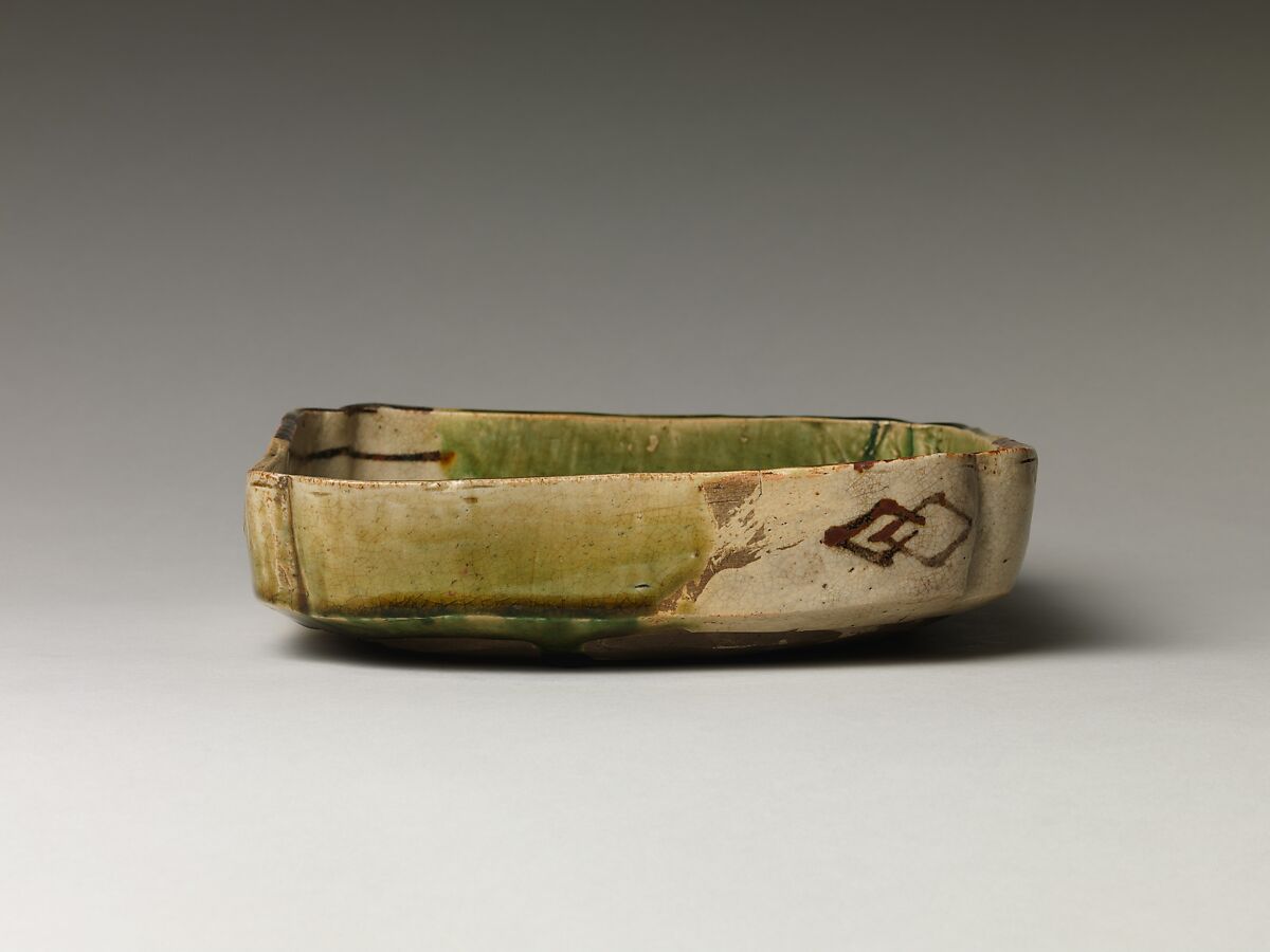 Square Dish with Abstract Motifs, Shuntai (Japanese, 1799–1878), Glazed stoneware (Seto ware, Oribe Revival type), Japan