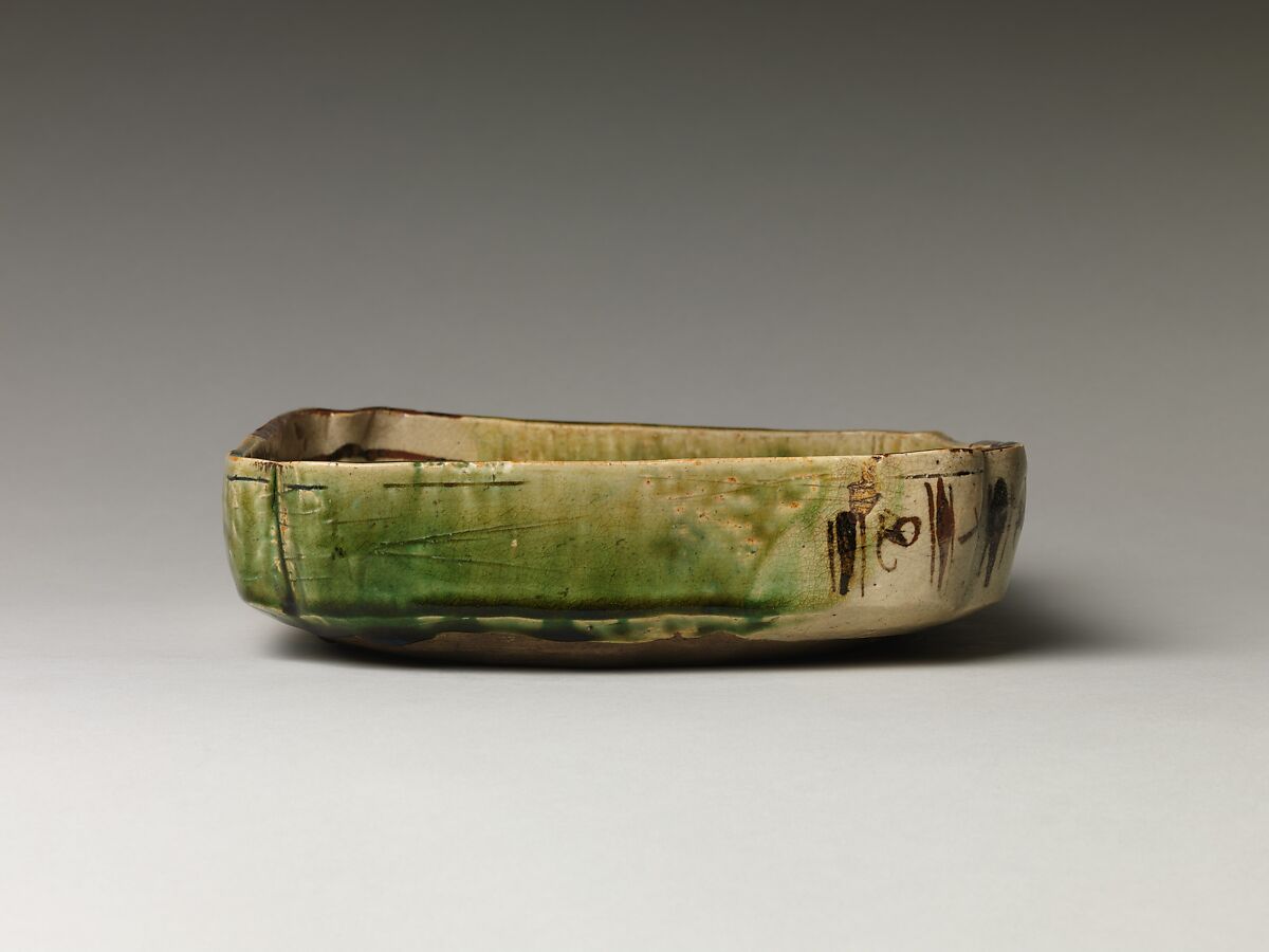 Square Dish with Abstract Motifs, Shuntai (Japanese, 1799–1878), Glazed stoneware (Seto ware, Oribe Revival type), Japan