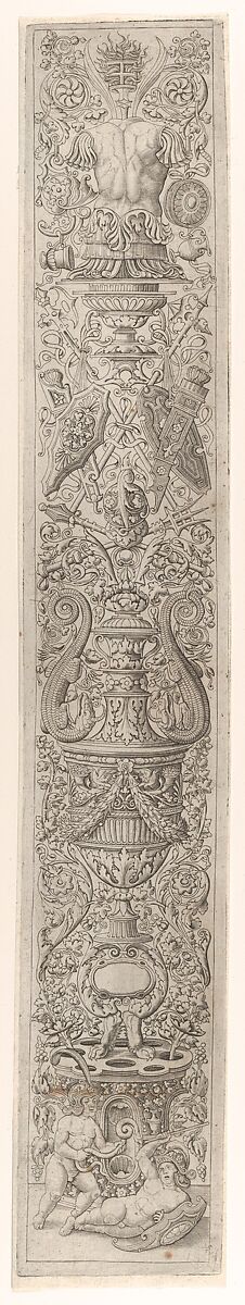 Candelabra grostesque with two children wearing helmets, from a series of twelve candelabra grotesques, Giovanni Antonio da Brescia  Italian, Engraving