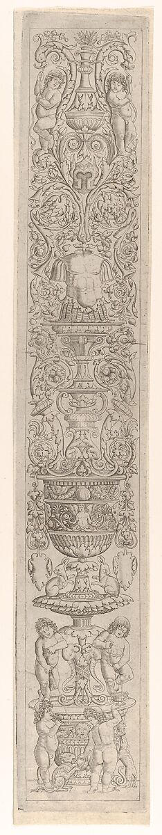 Candelabra grotesque with four children with a cat and a dog, from a series of twelve candelabra grotesques, Giovanni Antonio da Brescia  Italian, Engraving