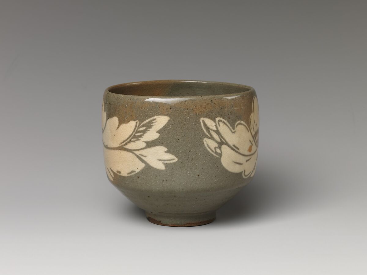Tea Bowl with Peony Decoration, Stoneware with inlaid design (Yatsushiro ware), Japan