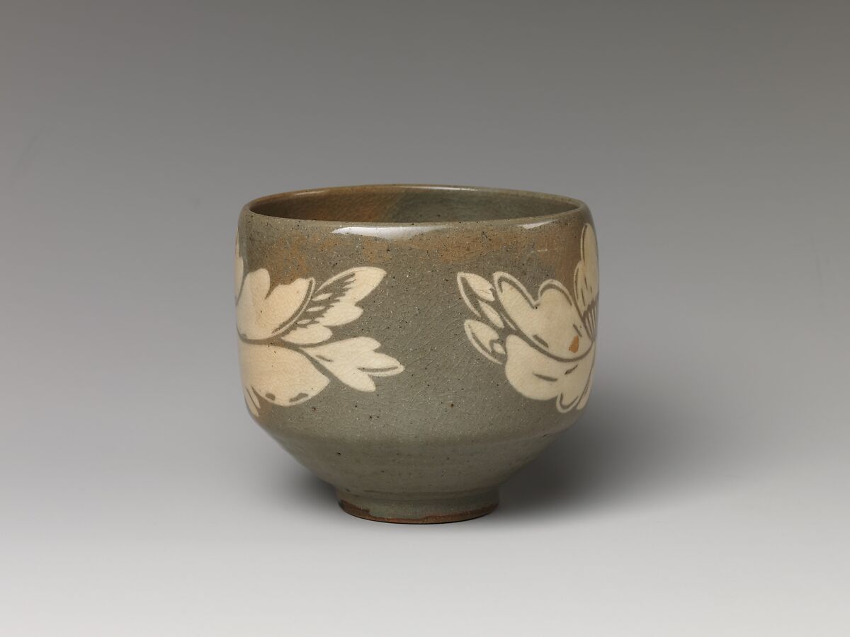 Tea Bowl with Peony Decoration, Stoneware with inlaid design (Yatsushiro ware), Japan