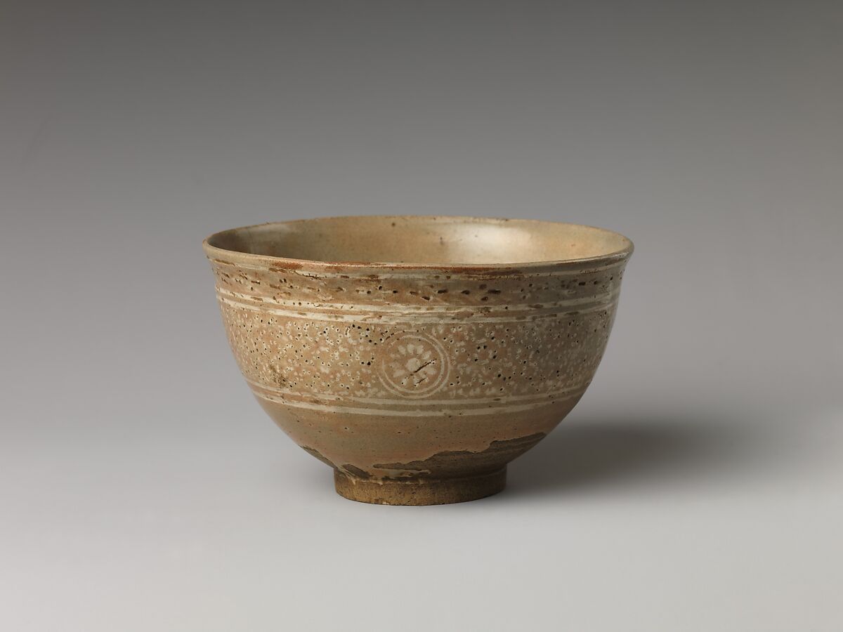 Tea Bowl with Chrysanthemum Decoration, Stoneware with inlaid and stamped design (Kyoto ware), Japan