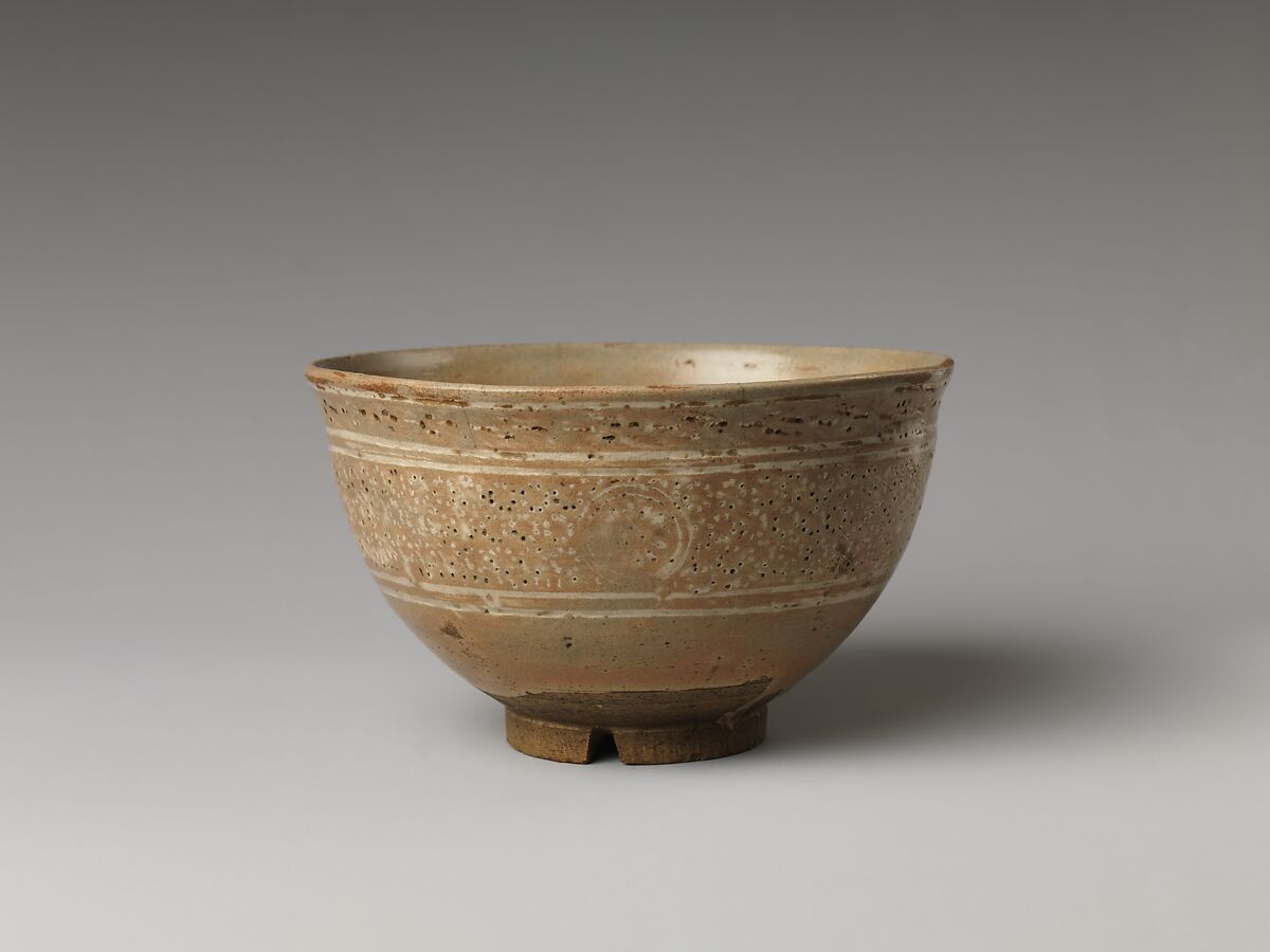 Tea Bowl with Chrysanthemum Decoration, Stoneware with inlaid and stamped design (Kyoto ware), Japan