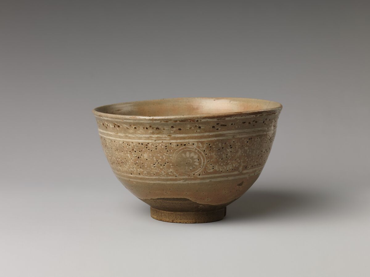 Tea Bowl with Chrysanthemum Decoration, Stoneware with inlaid and stamped design (Kyoto ware), Japan
