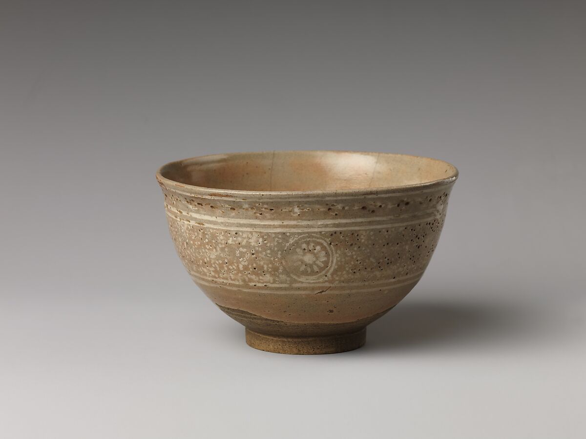 Tea Bowl with Chrysanthemum Decoration, Stoneware with inlaid and stamped design (Kyoto ware), Japan