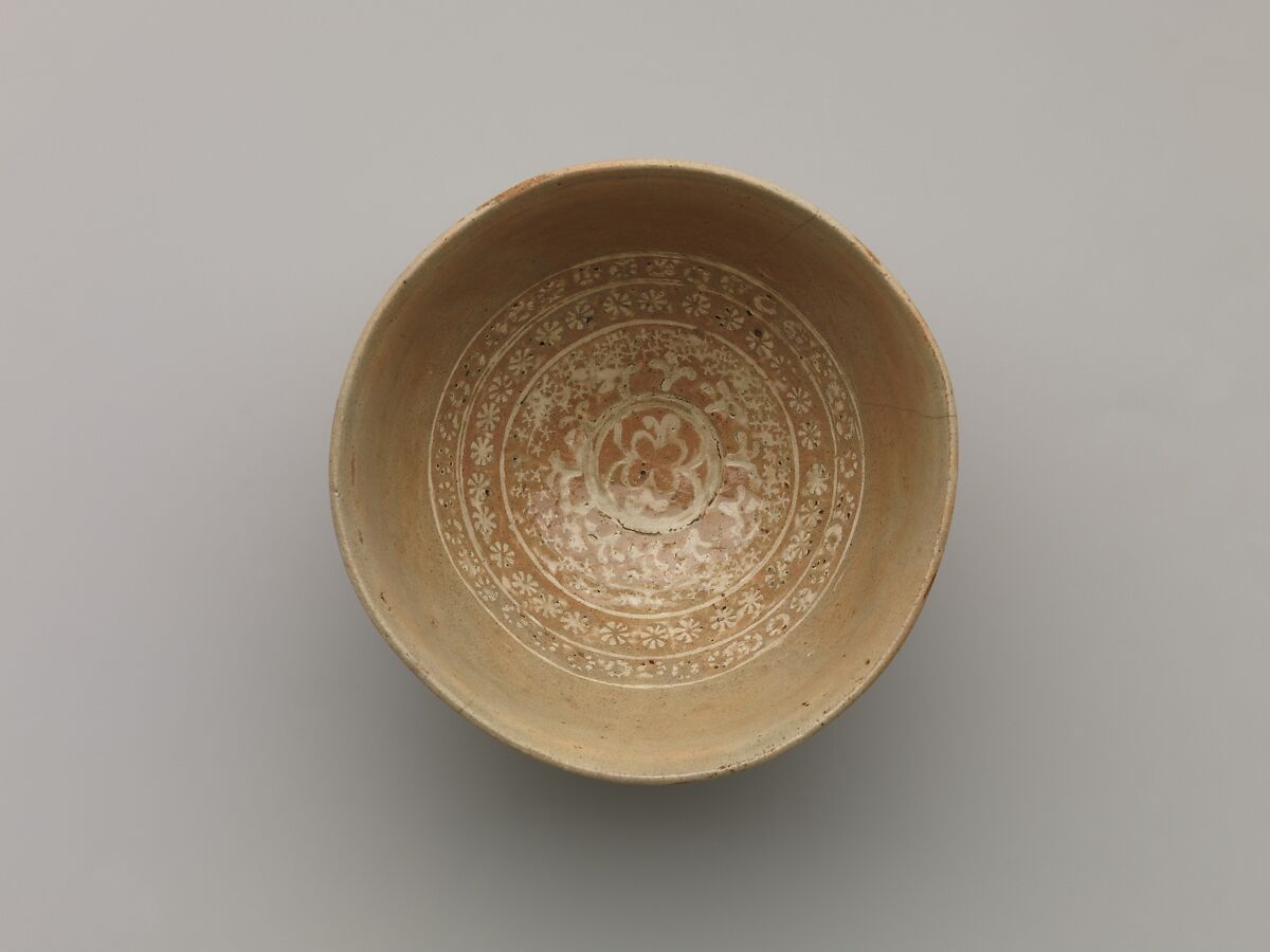 Tea Bowl with Chrysanthemum Decoration, Stoneware with inlaid and stamped design (Kyoto ware), Japan