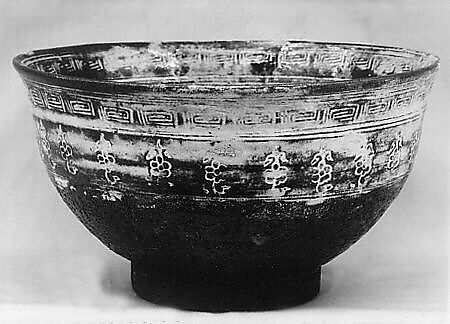 Bowl, Clay, the upper part slightly covered with slip, incised mishima design filled and rubbed with white slip (Chosen Karatsu ware), Japan 