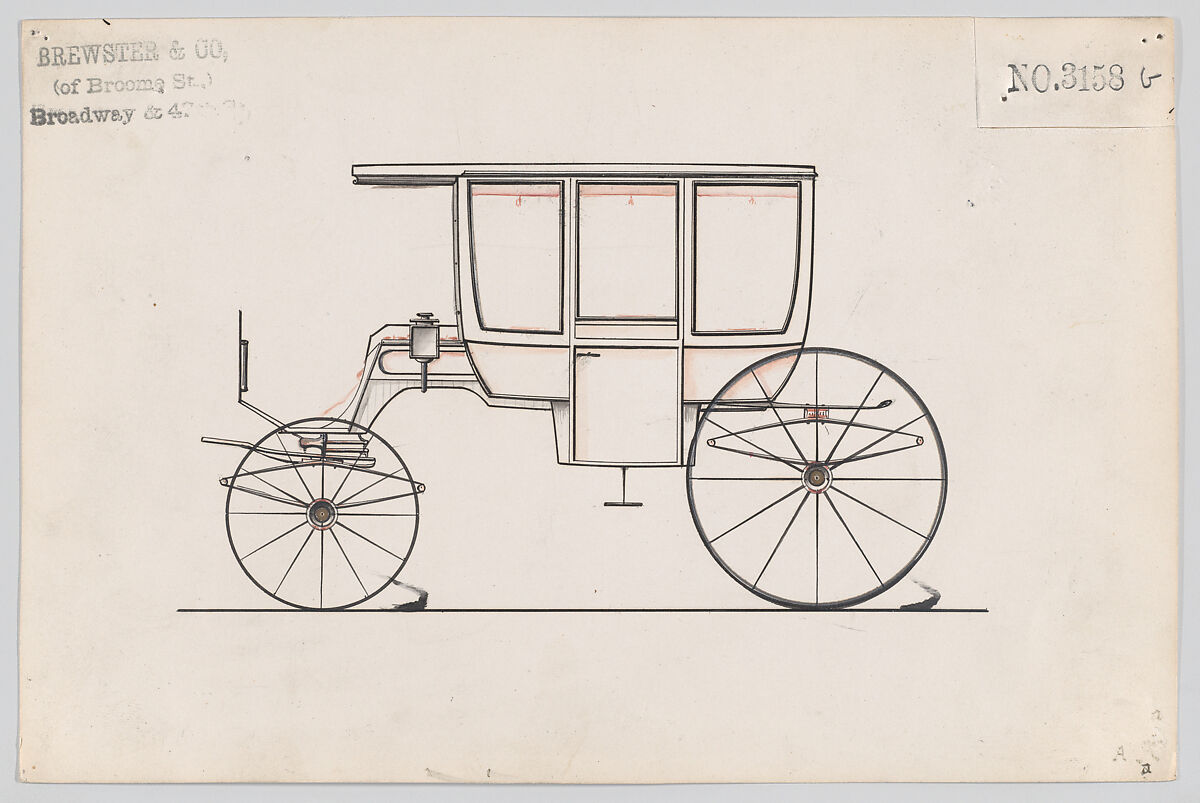 Coach Rockaway #3158, Brewster &amp; Co. (American, New York), Graphite and red crayon, linen tape adhered to left edge, and perforations for binding 