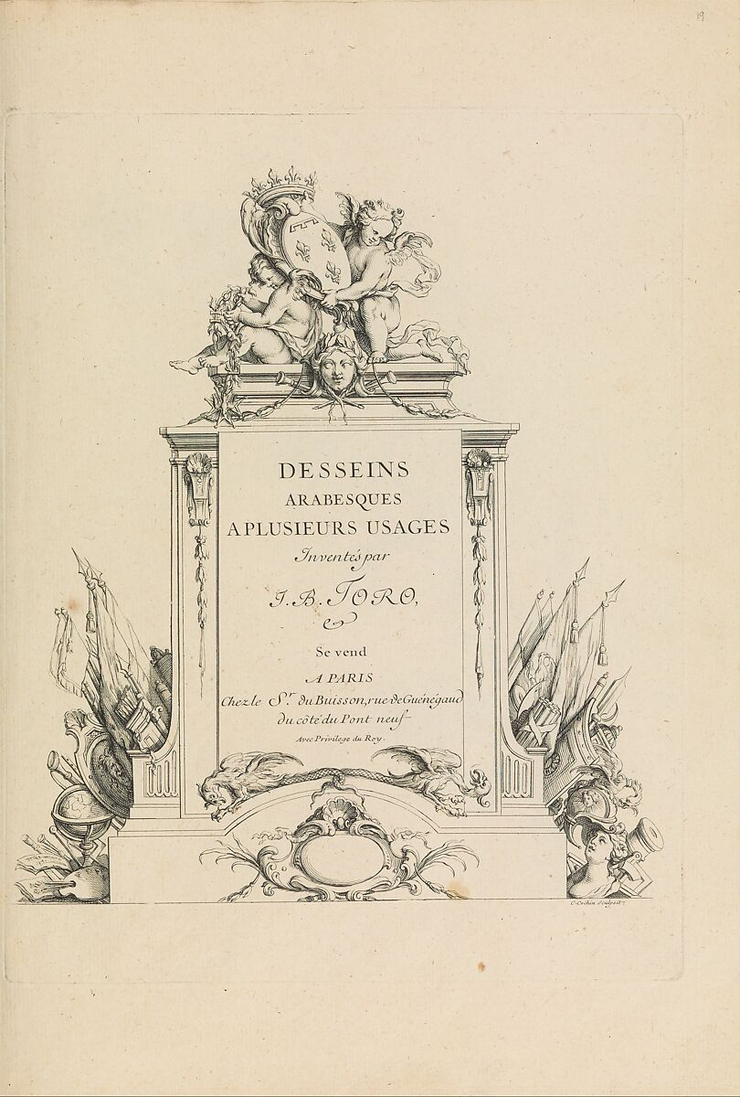 Desseins Arabesques a Plusieurs Usages Inventés par J.B. Toro (Title Page), Jean Bernard Toro (French, Dijon 1672–1731 Toulon), Etching 