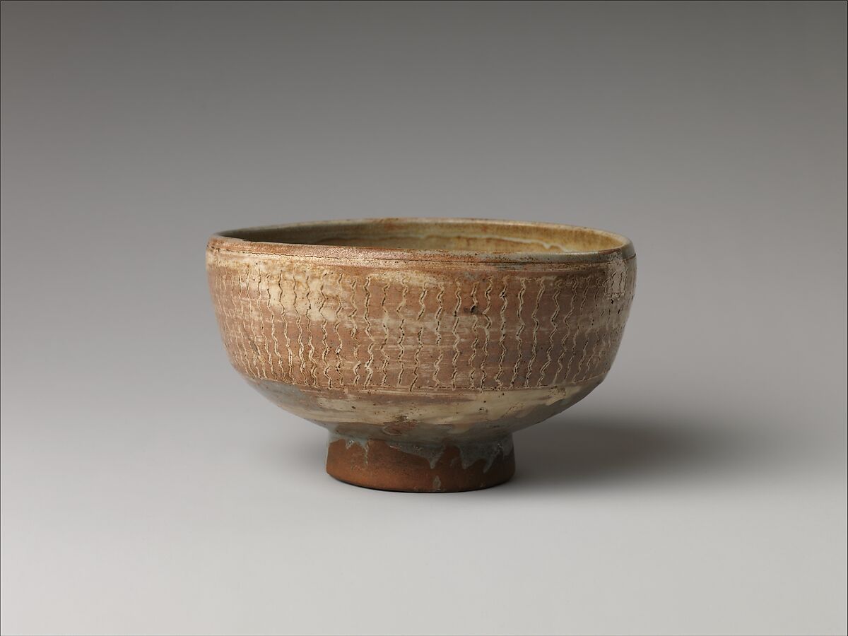 Teabowl, Clay decorated with a mishima design of inlaid slip under a transparent glaze (Mino ware, Shino type), Japan 