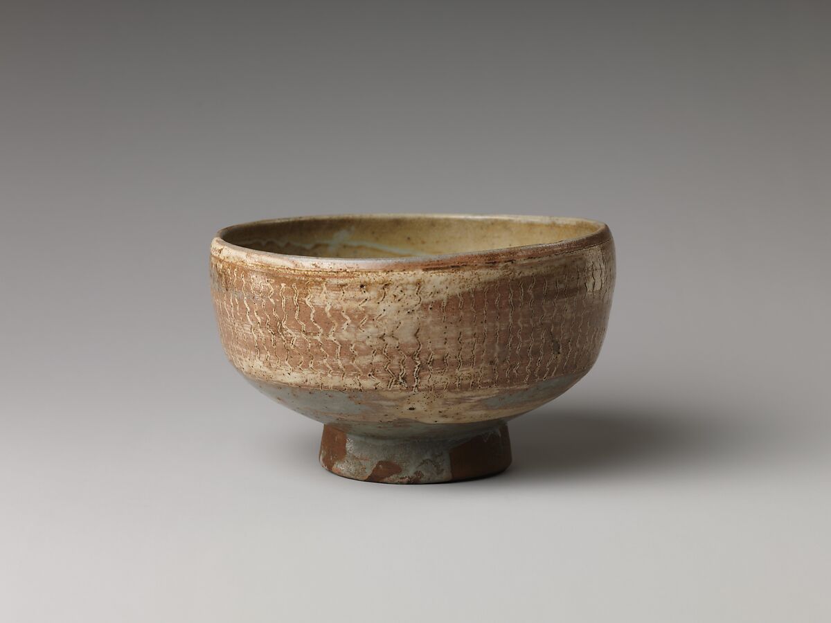 Teabowl, Clay decorated with a mishima design of inlaid slip under a transparent glaze (Mino ware, Shino type), Japan