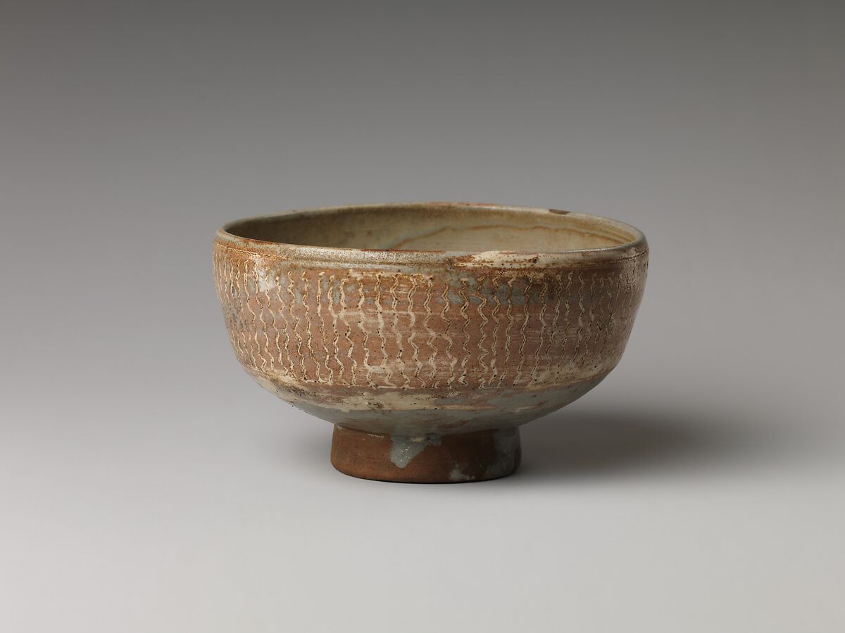 Teabowl, Clay decorated with a mishima design of inlaid slip under a transparent glaze (Mino ware, Shino type), Japan