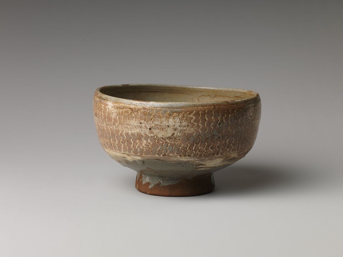 Teabowl, Clay decorated with a mishima design of inlaid slip under a transparent glaze (Mino ware, Shino type), Japan