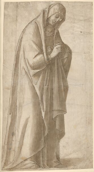 Standing Female Figure (St. Anne; Cartoon for a Painting), Vittore Carpaccio (Italian, Venice 1460/66?–1525/26 Venice), Pen and brown ink, brush and gray-brown wash, over charcoal underdrawing; outlines pricked for transfer, on two glued sheets of paper with overlapping joins 