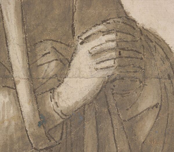 Standing Female Figure (St. Anne; Cartoon for a Painting), Vittore Carpaccio (Italian, Venice 1460/66?–1525/26 Venice), Pen and brown ink, brush and gray-brown wash, over charcoal underdrawing; outlines pricked for transfer, on two glued sheets of paper with overlapping joins