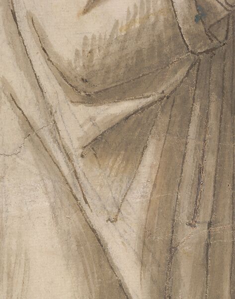 Standing Female Figure (St. Anne; Cartoon for a Painting), Vittore Carpaccio (Italian, Venice 1460/66?–1525/26 Venice), Pen and brown ink, brush and gray-brown wash, over charcoal underdrawing; outlines pricked for transfer, on two glued sheets of paper with overlapping joins