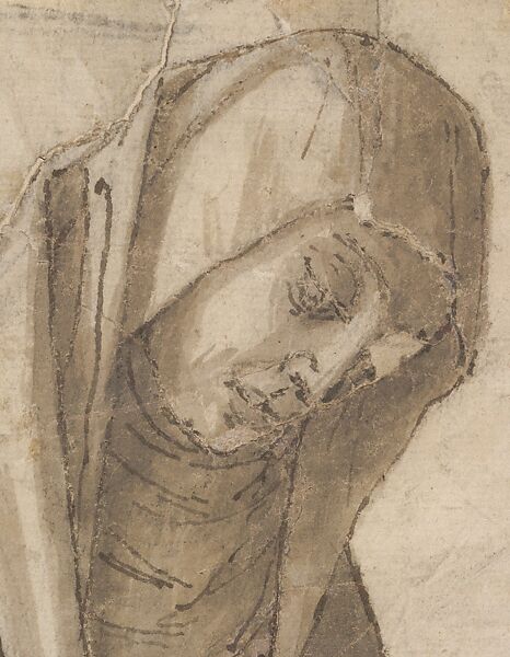 Standing Female Figure (St. Anne; Cartoon for a Painting), Vittore Carpaccio (Italian, Venice 1460/66?–1525/26 Venice), Pen and brown ink, brush and gray-brown wash, over charcoal underdrawing; outlines pricked for transfer, on two glued sheets of paper with overlapping joins