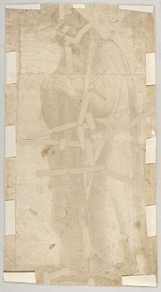 Standing Female Figure (St. Anne; Cartoon for a Painting), Vittore Carpaccio (Italian, Venice 1460/66?–1525/26 Venice), Pen and brown ink, brush and gray-brown wash, over charcoal underdrawing; outlines pricked for transfer, on two glued sheets of paper with overlapping joins