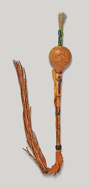 Peyote Rattle, Albert Hensley (Native American, Winnebago, born ca. 1875), Wood, gourd, native leather, glass beads, horsehair, metal, brass tacks and pigment, Winnebago 