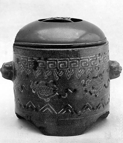 Incense Burner, Clay with design incised and inlaid with white slip under a thin transparent glaze (Kiyomizu ware), Japan 