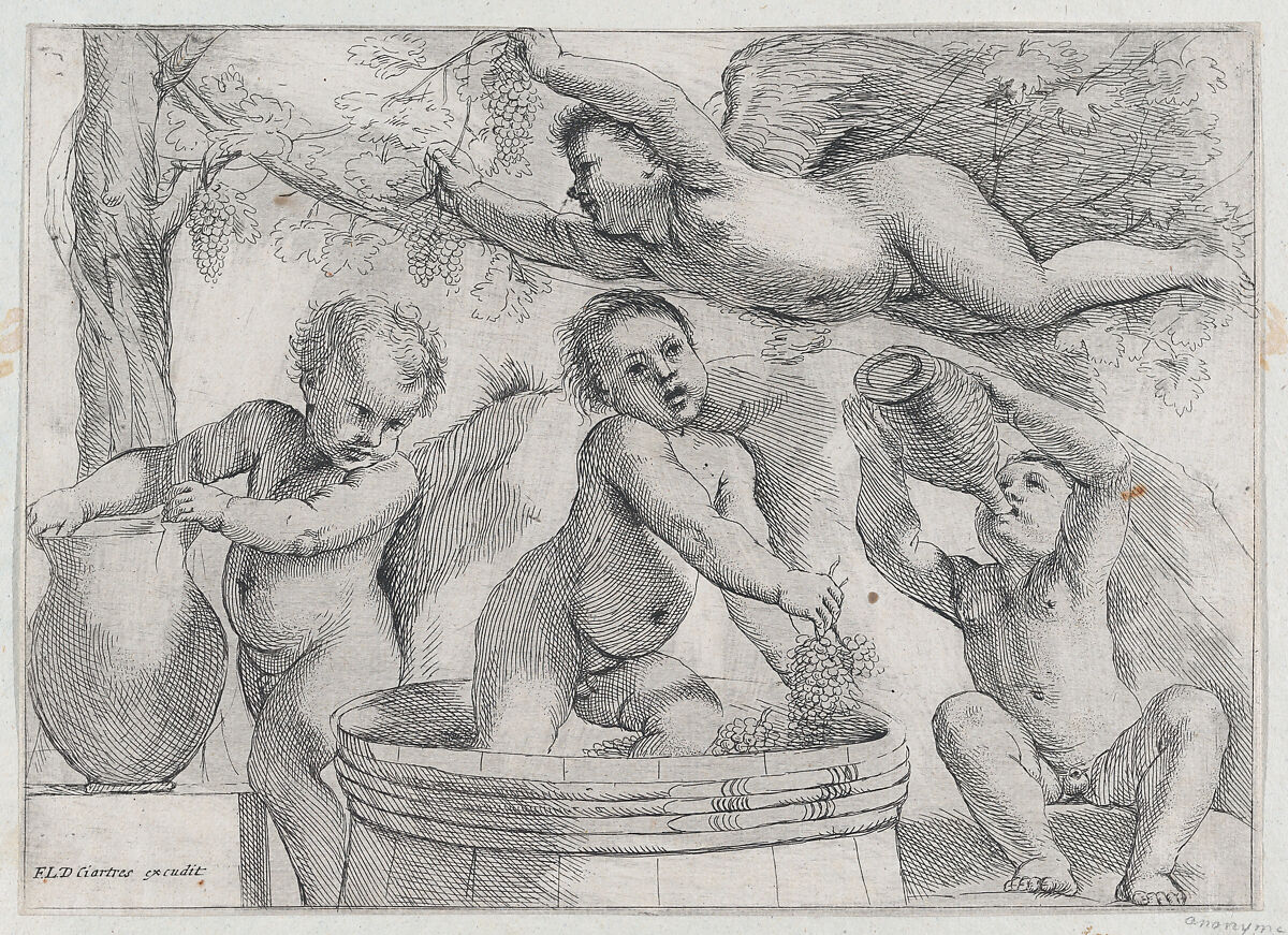 Four Putti Making and Drinking Wine, After Guercino (Giovanni Francesco Barbieri) (Italian, Cento 1591–1666 Bologna), Etching 