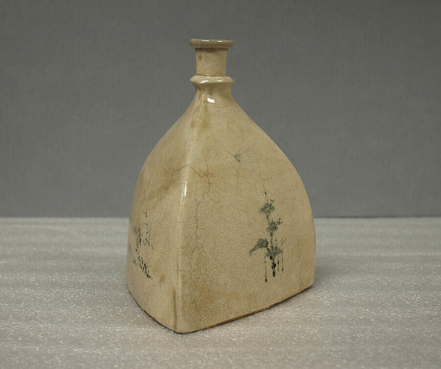 Three-Cornered Bottle, Pottery decorated under a finely crackled glaze (Satsuma ware), Japan