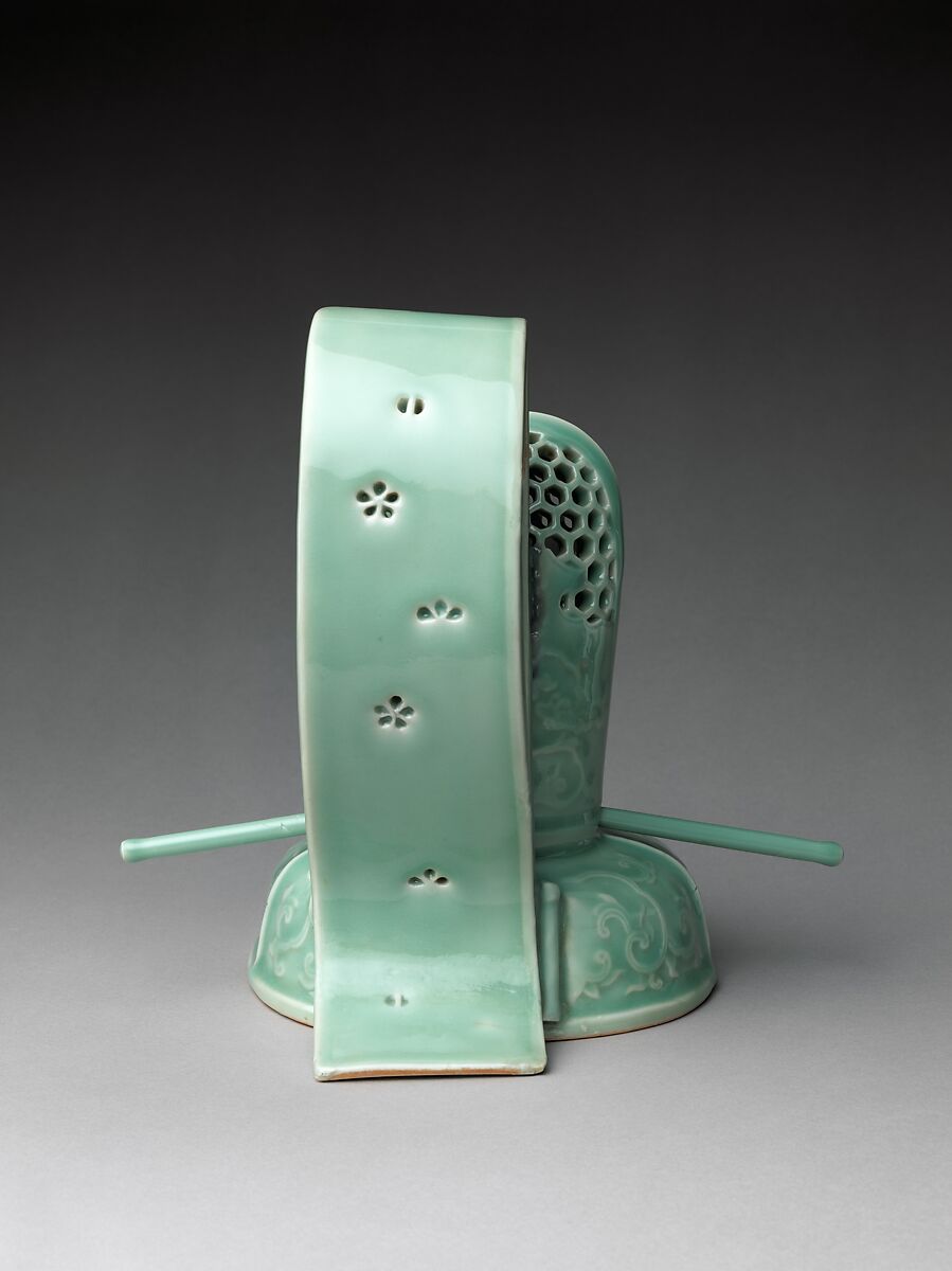 Incense Burner (Kōro) in the Shape of a Courtier’s Hat with Scrolling Peonies, Porcelain with celadon glaze (Hizen ware, Nabeshima type), Japan