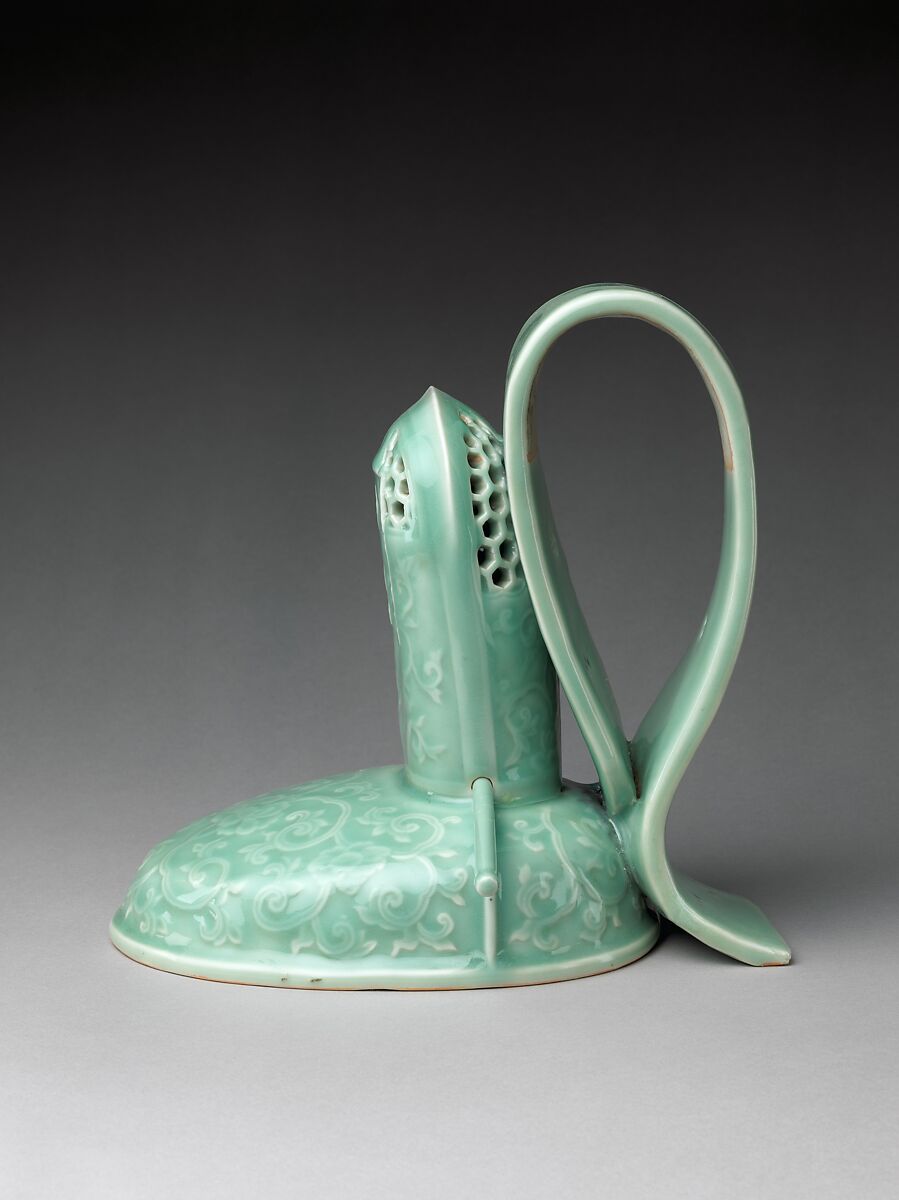 Incense Burner (Kōro) in the Shape of a Courtier’s Hat with Scrolling Peonies, Porcelain with celadon glaze (Hizen ware, Nabeshima type), Japan