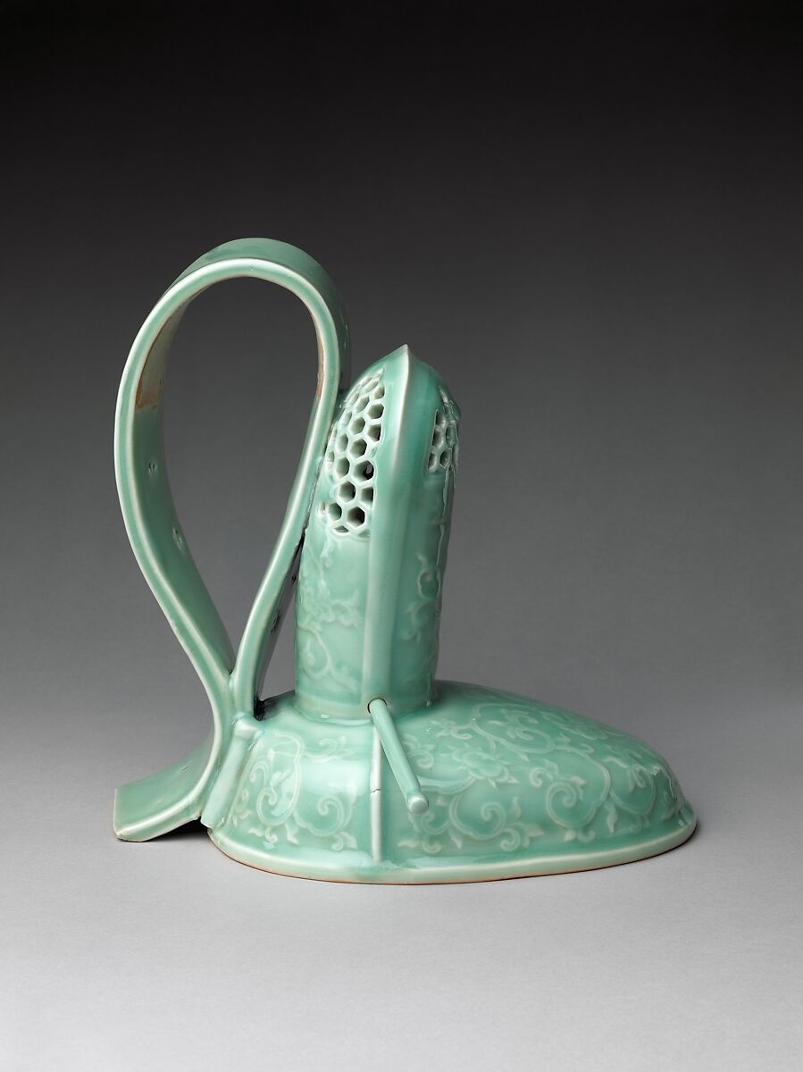 Incense Burner (Kōro) in the Shape of a Courtier’s Hat with Scrolling Peonies, Porcelain with celadon glaze (Hizen ware, Nabeshima type), Japan