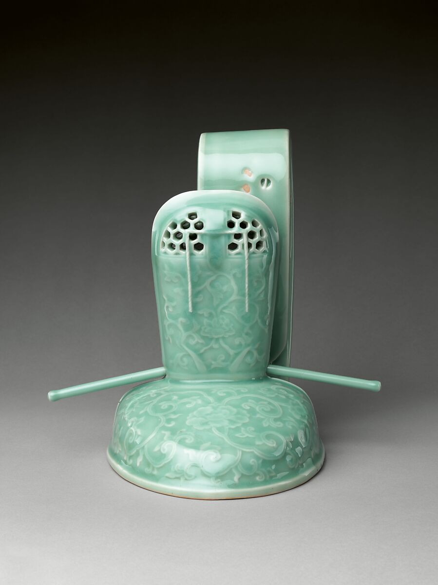Incense Burner in the Shape of a Courtier’s Hat with Scrolling Peonies, Porcelain with celadon glaze (Hizen ware, Nabeshima type), Japan