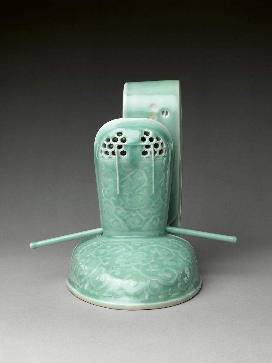 Incense Burner in the Shape of a Courtier’s Hat with Scrolling Peonies, Porcelain with celadon glaze (Hizen ware, Nabeshima type), Japan 