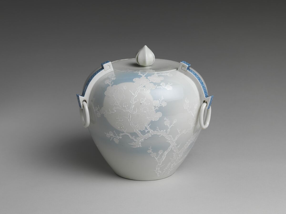 Water Jar with Plum Tree, Katō Tomotarō (Japanese, 1851–1916), Porcelain with blue-and-white slip under celadon glaze, Japan 