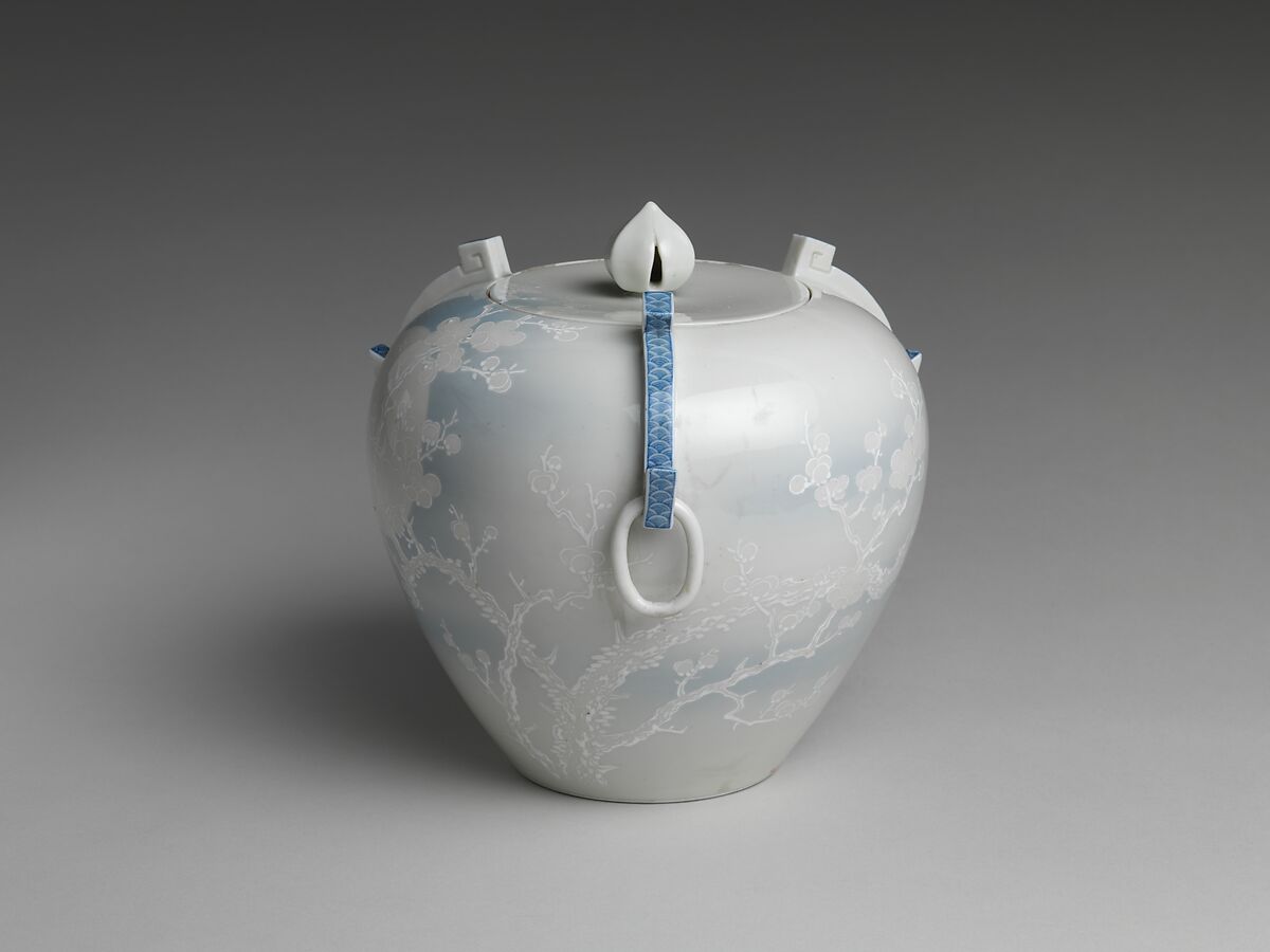 Water Jar with Plum Tree, Katō Tomotarō (Japanese, 1851–1916), Porcelain with blue-and-white slip under celadon glaze, Japan