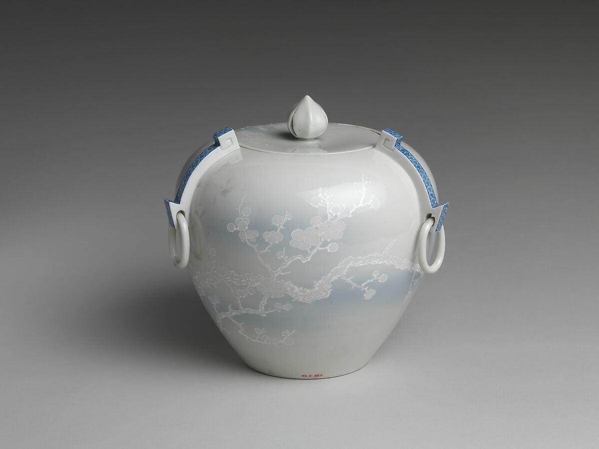 Water Jar with Plum Tree, Katō Tomotarō (Japanese, 1851–1916), Porcelain with blue-and-white slip under celadon glaze, Japan