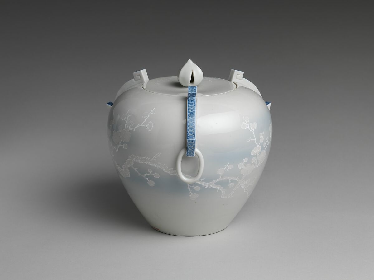 Water Jar with Plum Tree, Katō Tomotarō (Japanese, 1851–1916), Porcelain with blue-and-white slip under celadon glaze, Japan