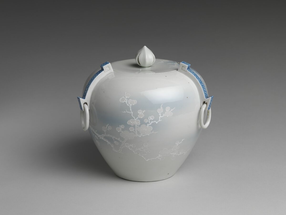 Water Jar with Plum Tree, Katō Tomotarō (Japanese, 1851–1916), Porcelain with blue-and-white slip under celadon glaze, Japan