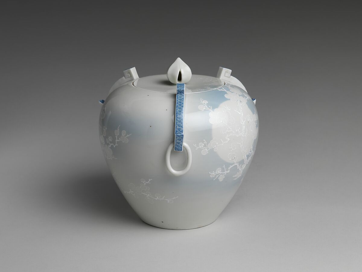 Water Jar with Plum Tree, Katō Tomotarō (Japanese, 1851–1916), Porcelain with blue-and-white slip under celadon glaze, Japan