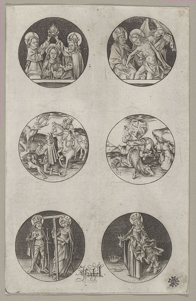 Six Roundel Patterns for a Goldsmith: the Coronation of the Virgin, God the Father with the Body of Christ, St. Eustace or St. Hubert, the Conversion of St. Paul, Charlemagne and St. Helen, and St. Elizabeth, Israhel van Meckenem (German, Meckenem ca. 1440/45–1503 Bocholt), Engraving; first state of two 